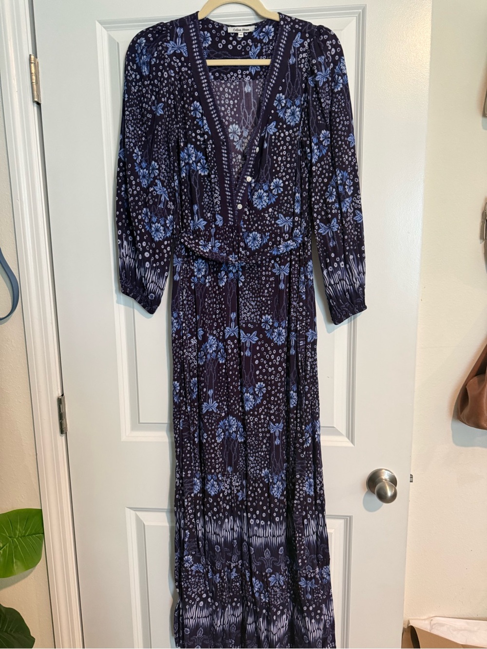 CELINA MOON Navy and Light Blue Floral Maxi Dress